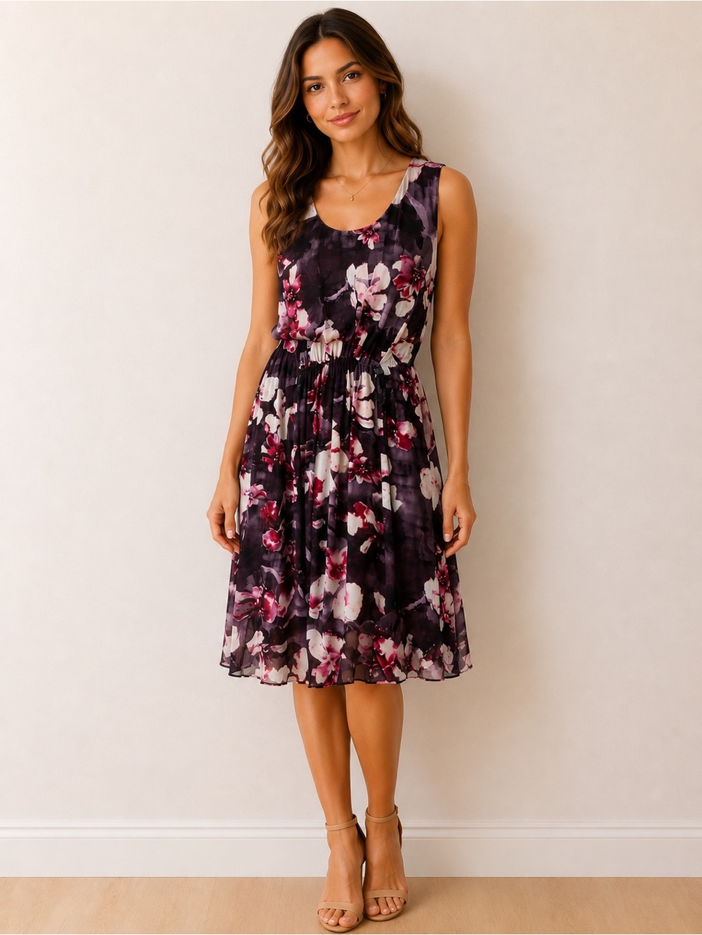 Floral Sleeveless Midi Dress in Plum Pink